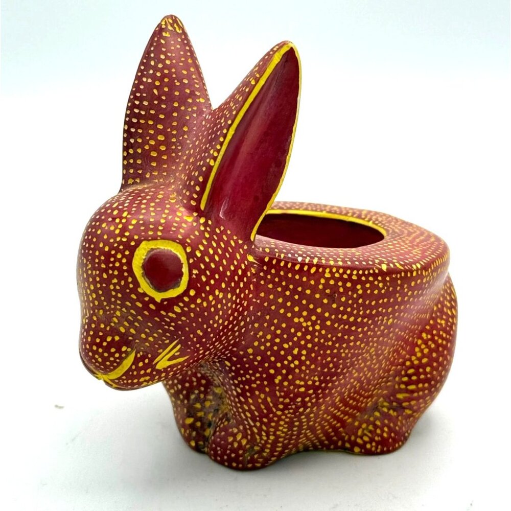 Oaxacan Mexican Stone Hand Painted Signed Bunny Rabbit Tea Light Heavy